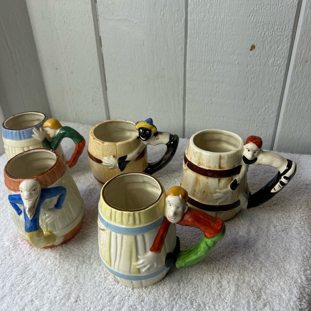 Vintage 40s 50s Handcrafted Ceramic Barrel Mugs with Caricature Handles